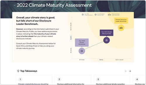 Manifest Climate example maturity assessment preview from 2022 showing climate story and top takeaways